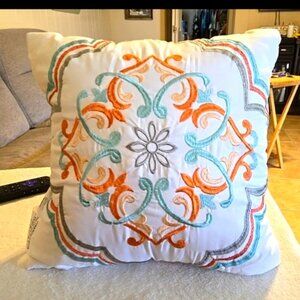 Embroidered Appliqué Floral 16x16 Pillow Mint Green/orange/peach/ Dark Green
